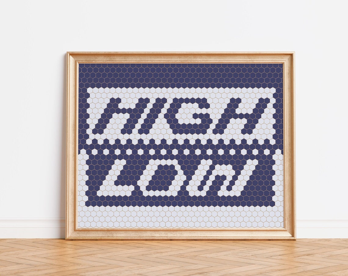 High Low Tide Hexagon Tile Typography Navy White Surf Art Poster