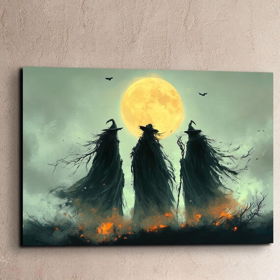 Three Witches Silhouetted Against a Giant Full Moon With Bats and Embers Poster