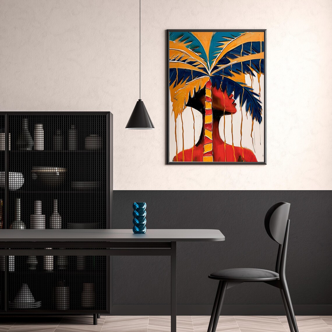 Palm Crown Woman Red Blue Tropical Abstract Portrait Painting Poster - Image 3
