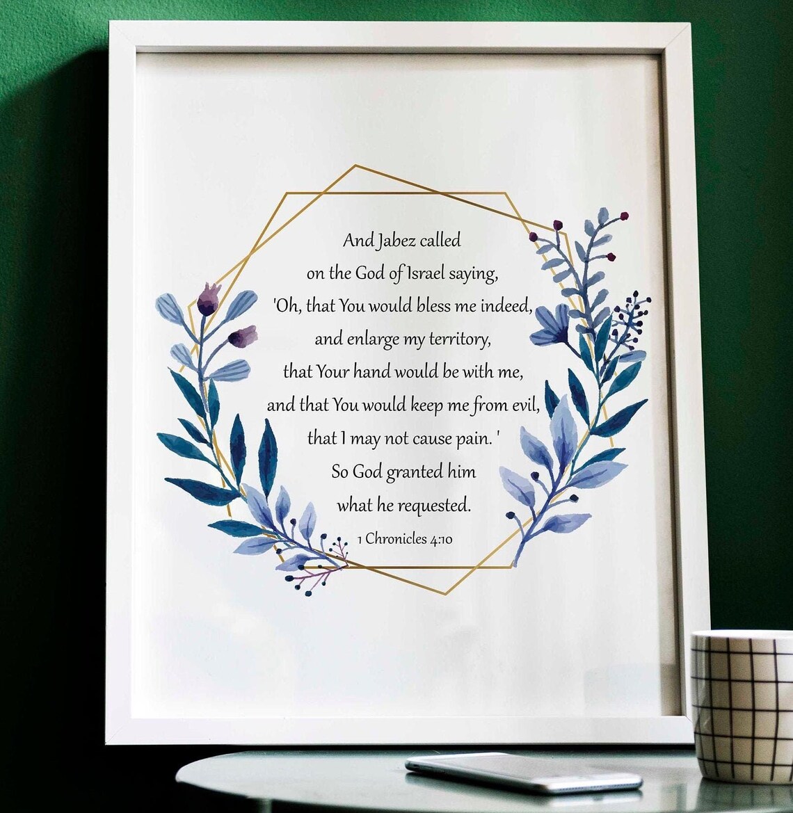 Prayer Of Jabez Bible Verse Poster With Blue Watercolor Botanical Wreath