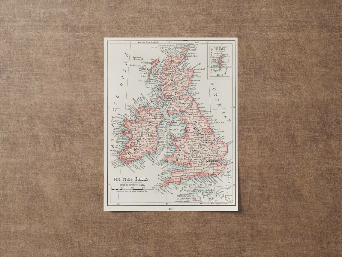 Antique British Isles Map From 1900 Vintage Atlas Cartography Poster