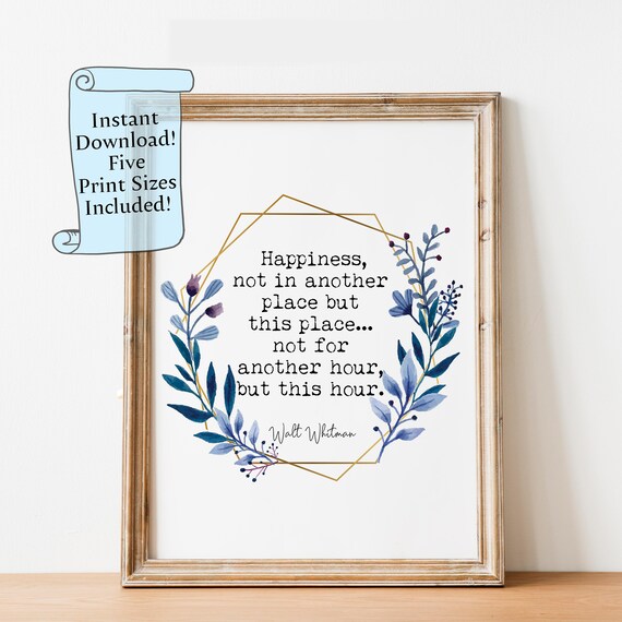 Walt Whitman Happiness Quote Poster With Blue Botanical Wreath Design