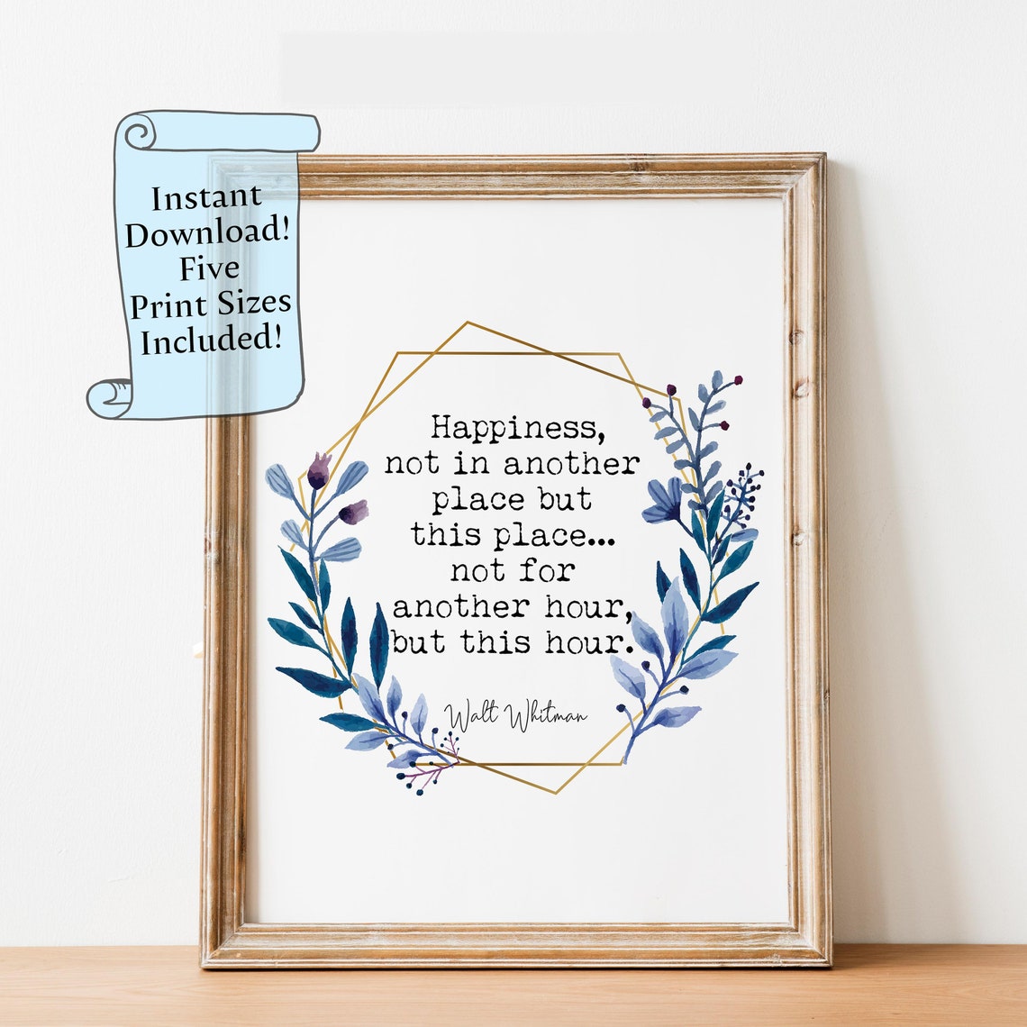 Walt Whitman Happiness Quote Poster With Blue Botanical Wreath Design