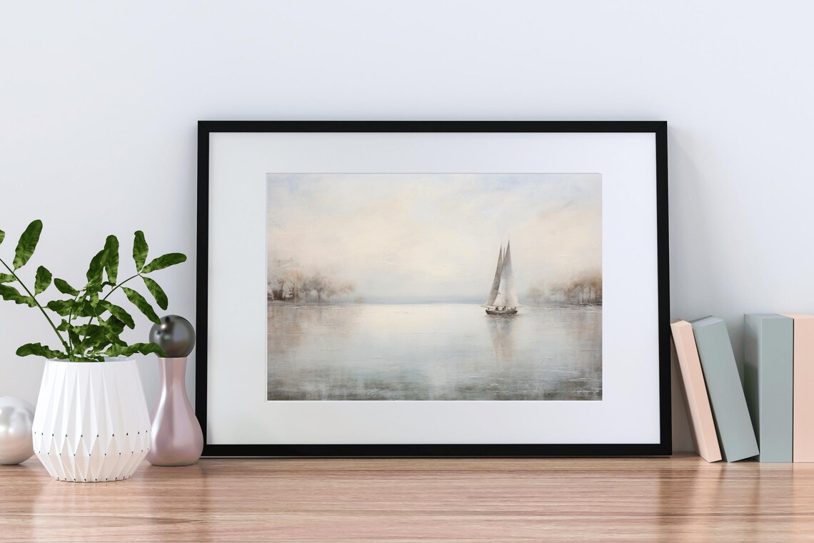 Sailboat Misty Lake Calm Waters Vintage Oil Painting Nautical Print - Image 2
