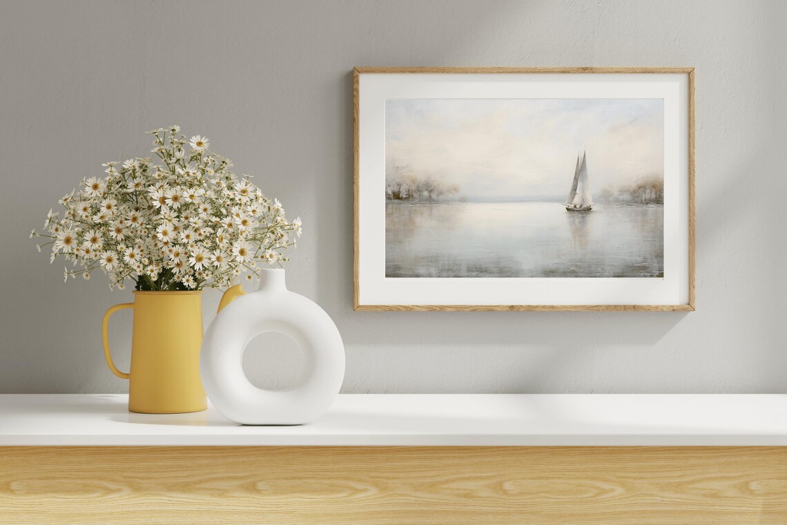 Sailboat Misty Lake Calm Waters Vintage Oil Painting Nautical Print - Image 5