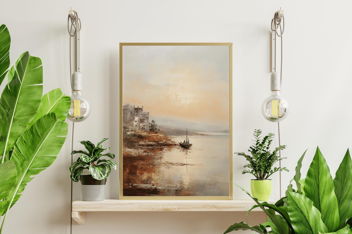 Fishing Village Sunset Dusk Boat Vintage Oil Painting Coastal Poster - Image 4