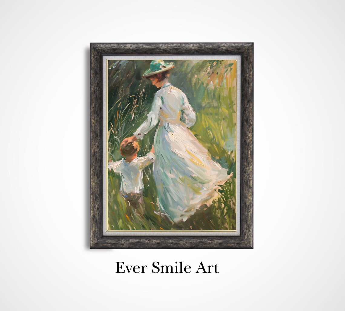 Mother And Child In Tall Meadow Grass Impressionist Art Wall Poster