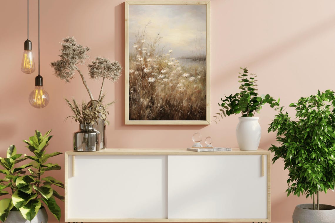 White Daisies Golden Grass Misty Shore Soft Neutral Floral Art Poster - Image 3