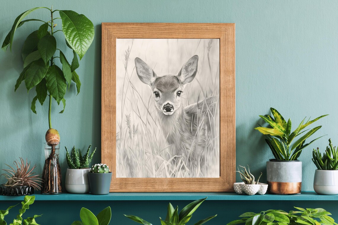 Baby Deer Fawn Pencil Sketch Vintage Forest Nursery Wall Art Poster - Image 3