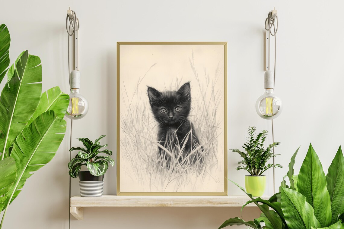 Cute Black Kitten In Tall Grass Pencil Sketch Nursery Cat Lover Wall Art Poster - Image 3