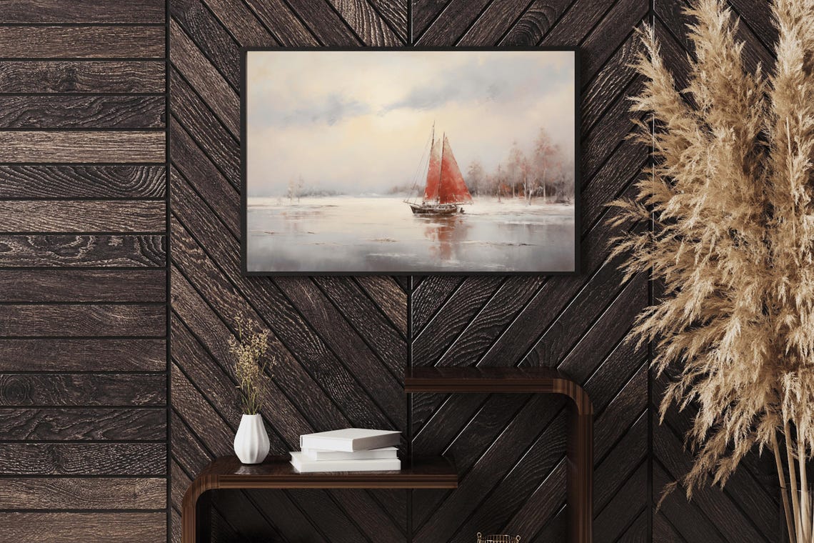 Red Sails Sailboat Calm Silver Waters Vintage Nautical Oil Painting - Image 2