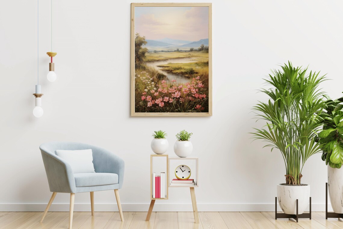 Pink Wildflowers Stream Golden Valley Hazy Mountains Pastel Sky Poster - Image 4