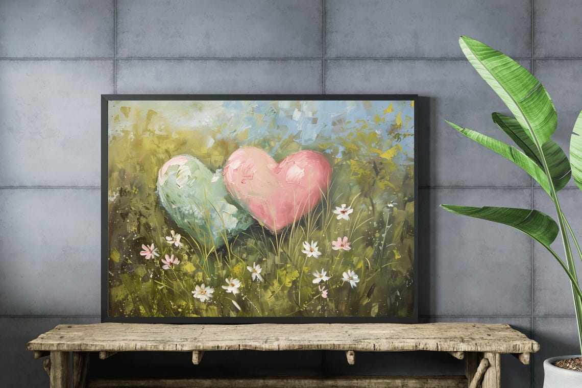 Pink And Mint Hearts In Daisy Meadow Vintage Valentine Art Poster - Image 4