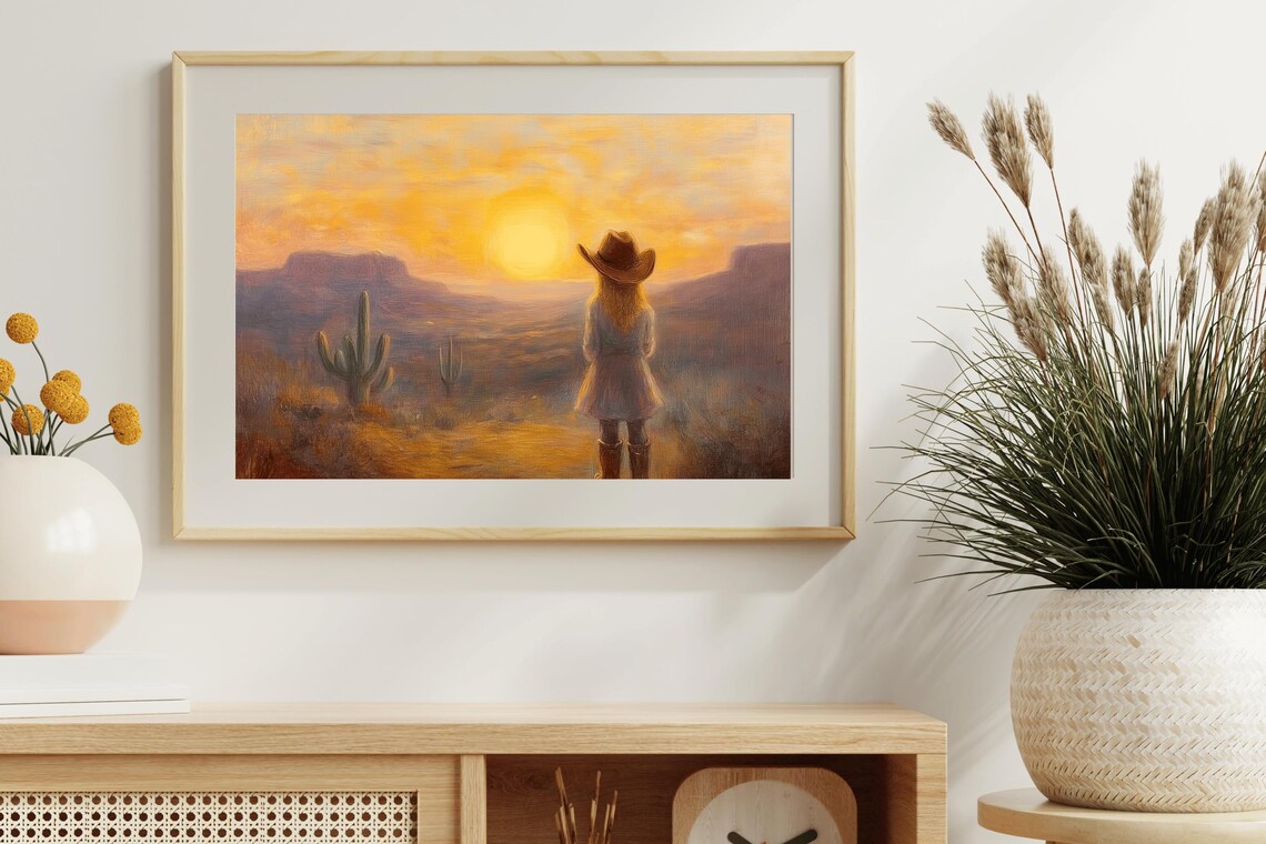 Little Cowgirl Golden Desert Sunset Dreamy Western Nursery Art Print - Image 3