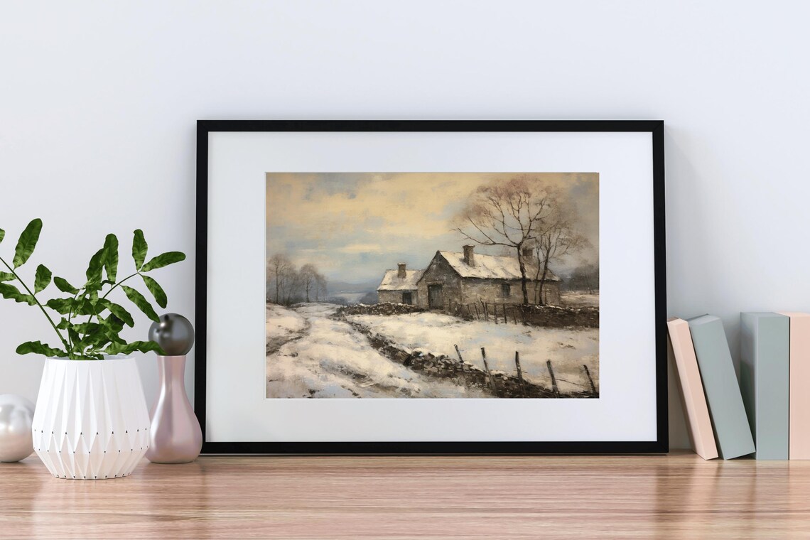 Snowy Stone Farmhouse Winter Path Vintage Landscape Oil Painting - Image 2