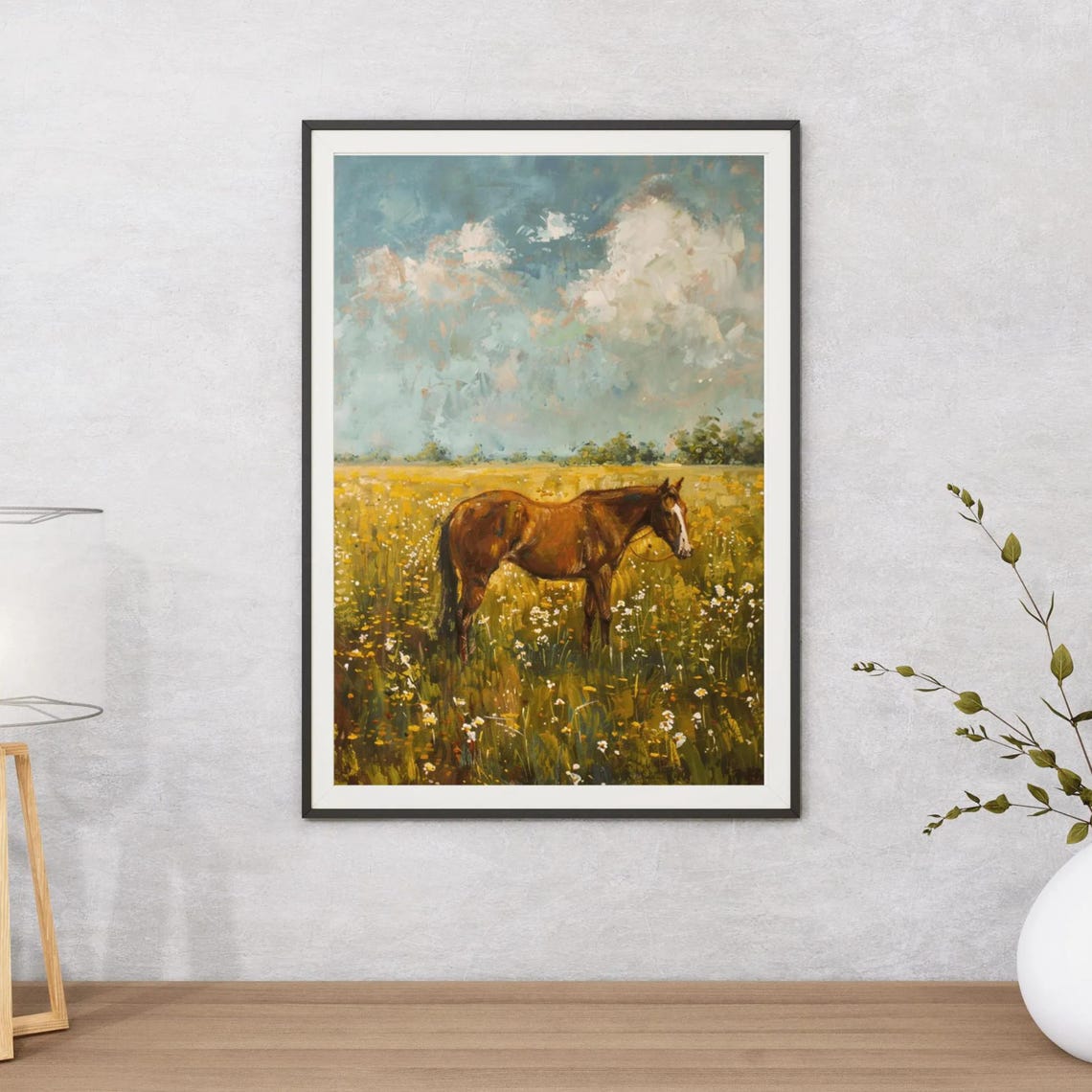 Chestnut Horse Wildflower Field Summer Day Vintage Oil Painting Print - Image 5