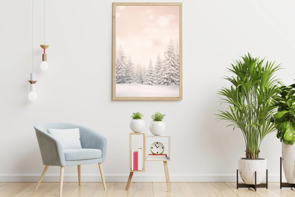 Snowy Pine Forest Blush Pink Dawn Vintage Oil Painting Winter Print - Image 4
