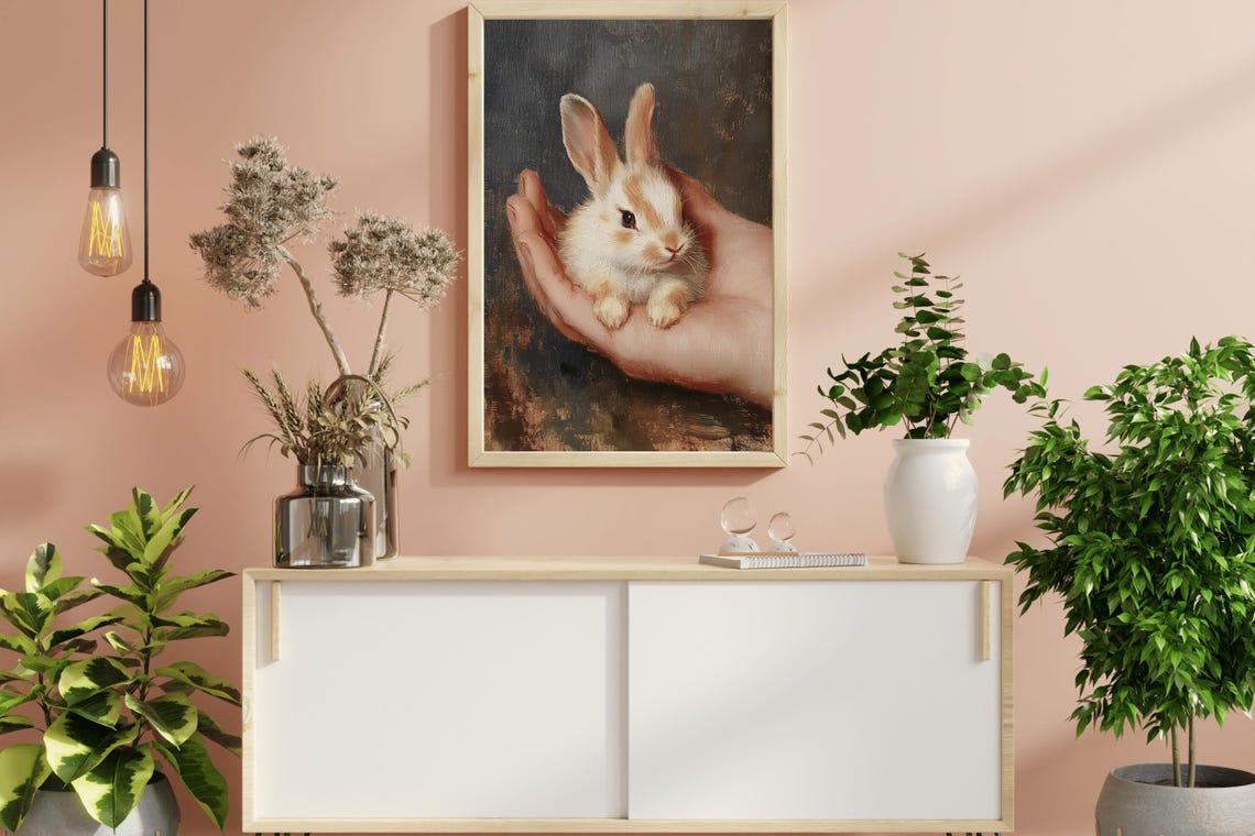 Tiny Bunny In Cupped Hands Vintage Oil Painting Nursery Wall Art - Image 2