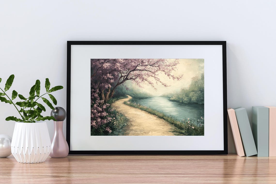 Cherry Blossom Tree Over River Path Misty Spring Landscape Poster - Image 3