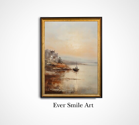 Fishing Village Sunset Dusk Boat Vintage Oil Painting Coastal Poster