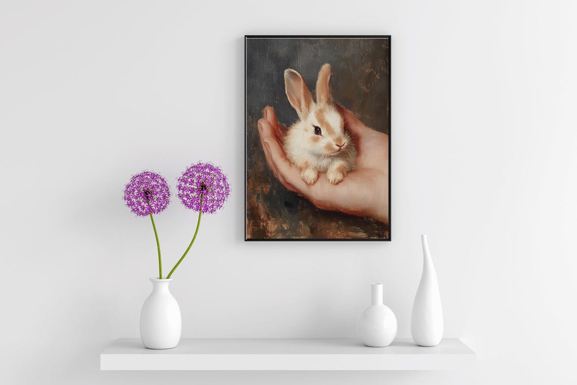Tiny Bunny In Cupped Hands Vintage Oil Painting Nursery Wall Art - Image 3