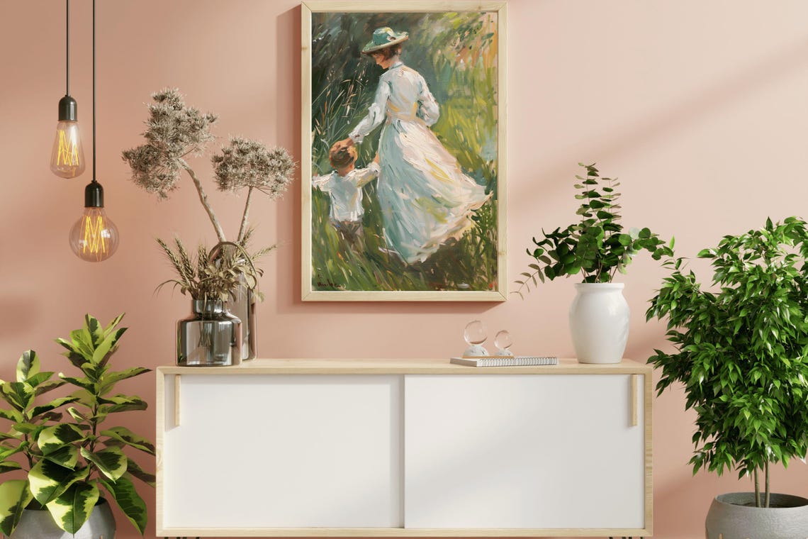 Mother And Child In Tall Meadow Grass Impressionist Art Wall Poster - Image 2