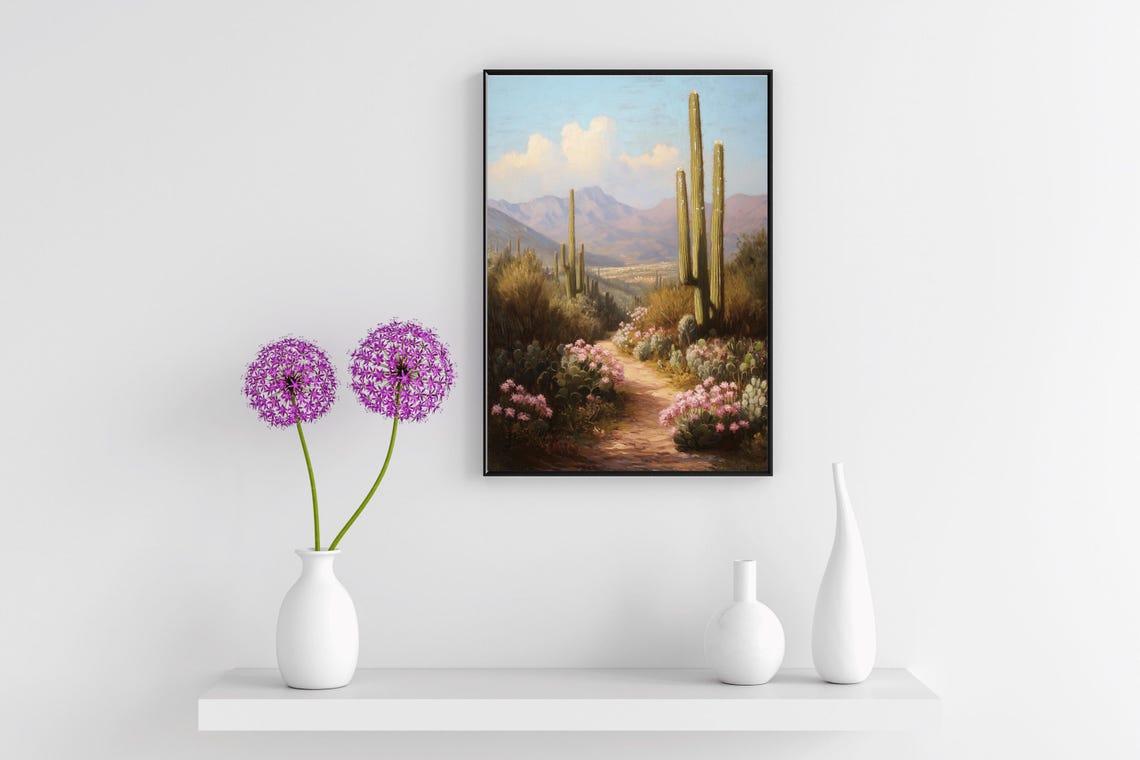 Desert Trail Pink Blooming Cacti Saguaro Mountain Landscape Poster - Image 4