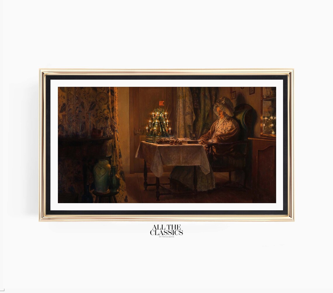 Moody Dark Christmas Evening Woman By Candlelit Tree Art Poster - Image 3