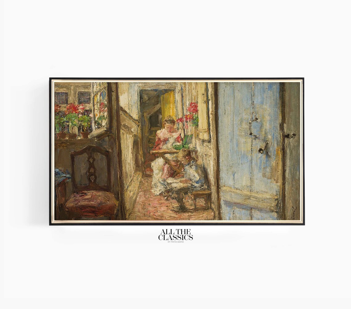 Cottage Porch Woman and Child with Red Flowers Rustic Poster