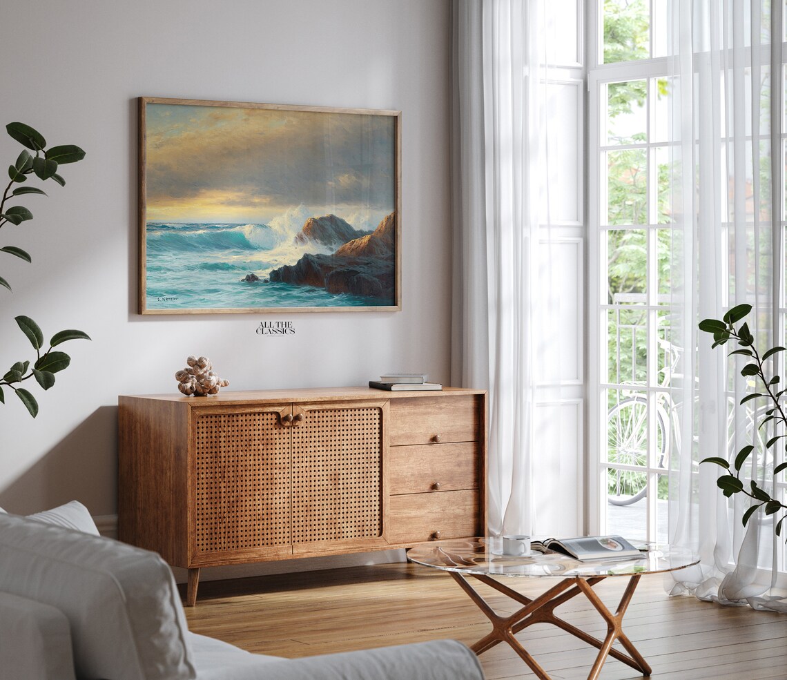 Golden Sunset Ocean Waves Crashing On Rocky Shore Art Poster - Image 2