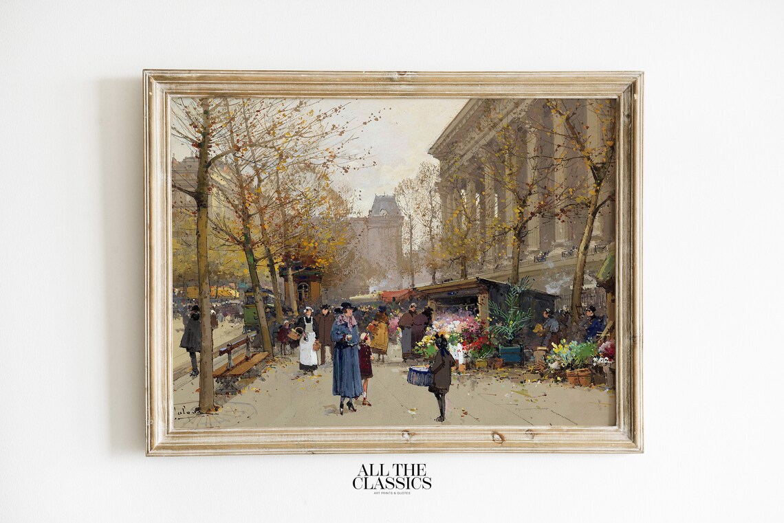 Autumn Flower Market on European Boulevard Vintage Art Poster