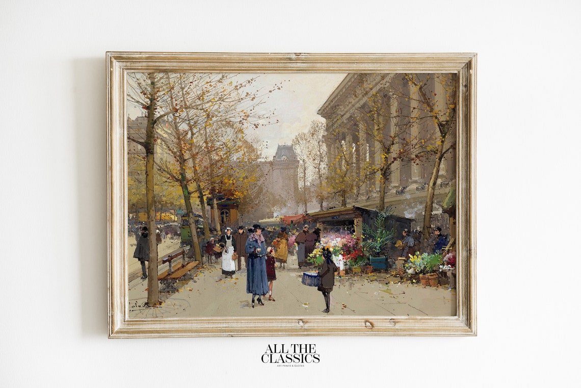 Vintage Art Print Wall Art Fall French Market Paris City Street Scene Flower Market La Madeleine Eugne Galien Laloue