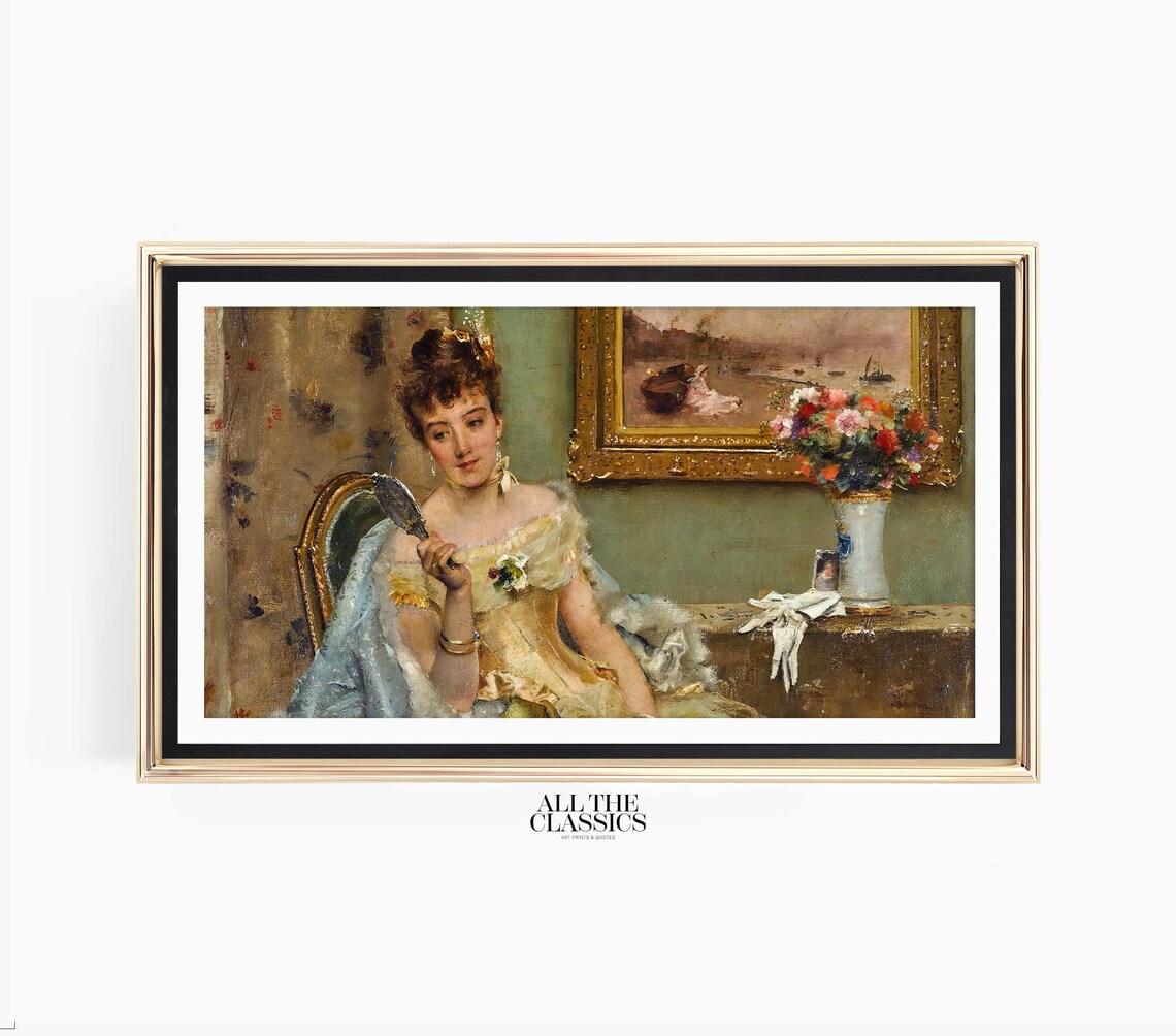 Woman With Hand Mirror Yellow Dress Floral Vintage Portrait Poster - Image 3