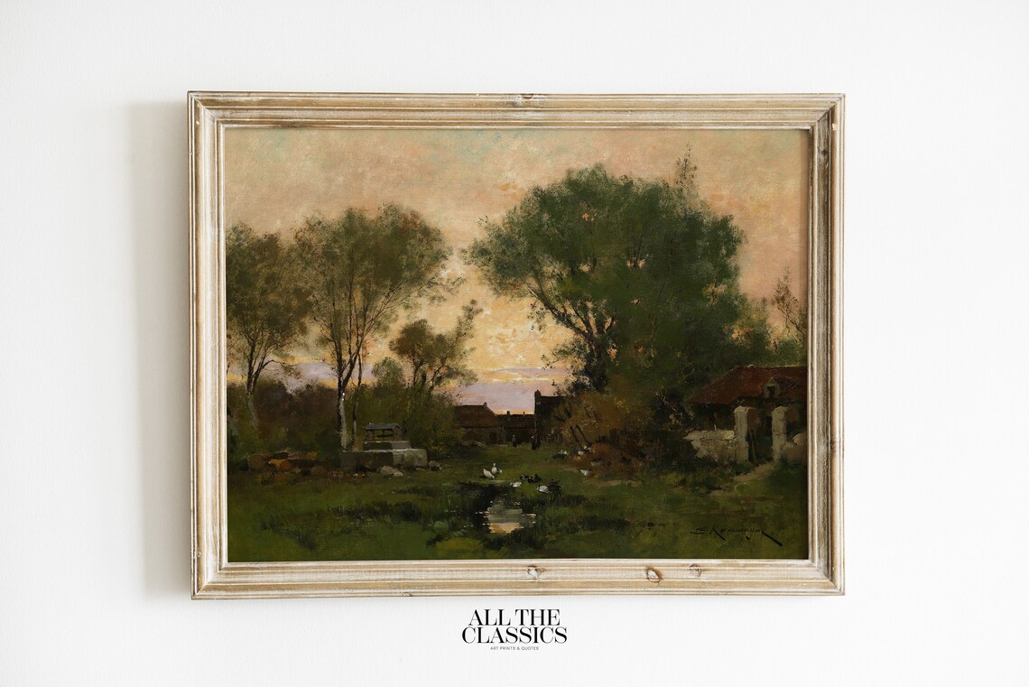 Village Houses Sunset Dramatic Sky Vintage Rural Landscape Wall Art