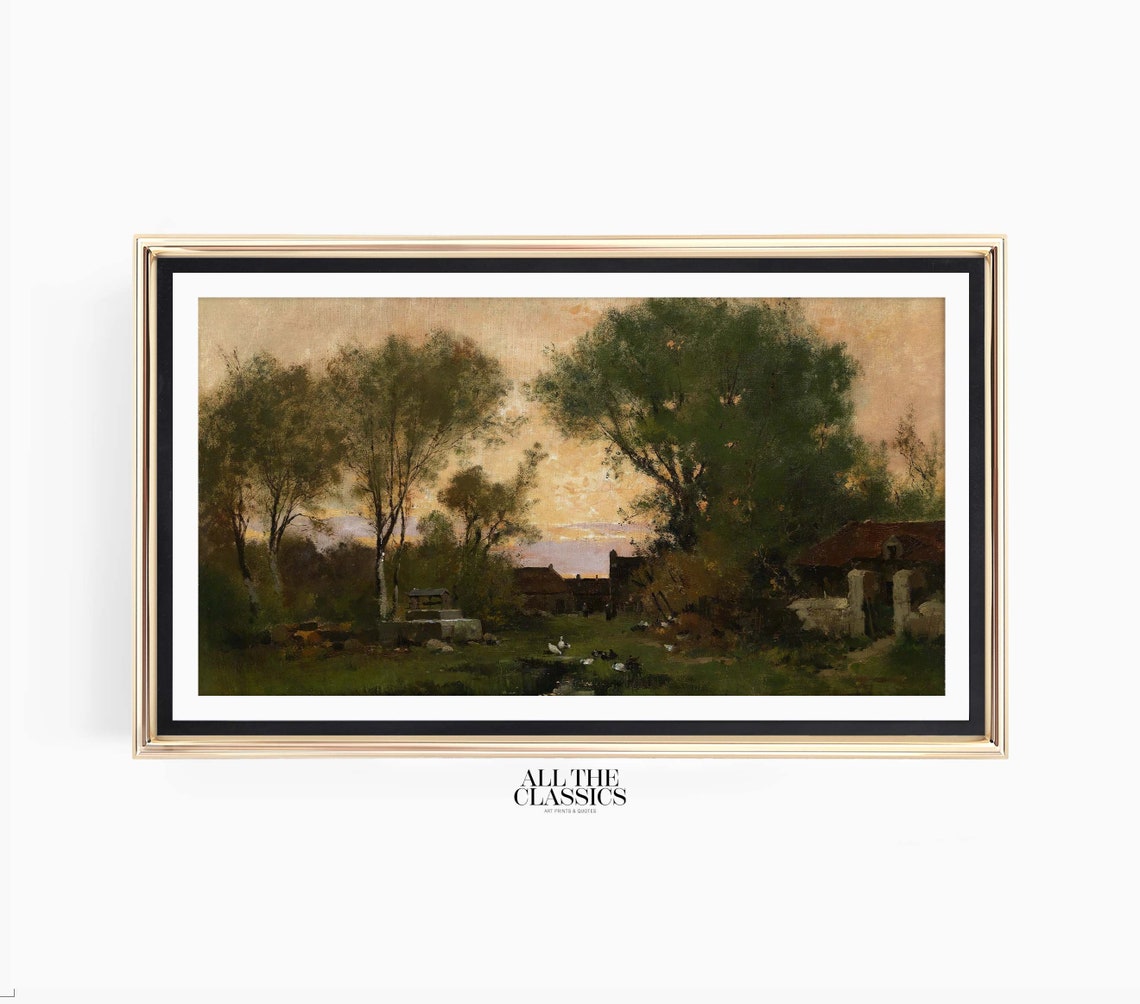 Peaceful Farmyard at Dusk with Geese Under Tall Trees Vintage Poster - Image 3