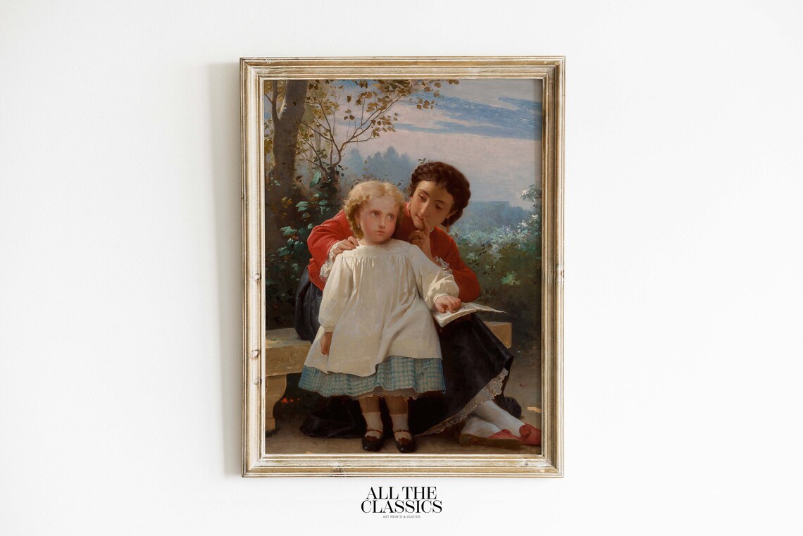 Mother And Child Reading Together Vintage Rustic Family Portrait Print
