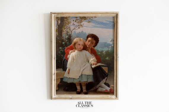 Vintage Art Print Wall Art Rustic Family Portrait Mother And Daughter A Reading Lesson Lon Jean Basile Perrault