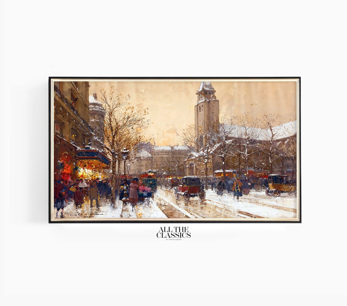 Snowy City Street With Early Cars and Church Tower Winter Poster