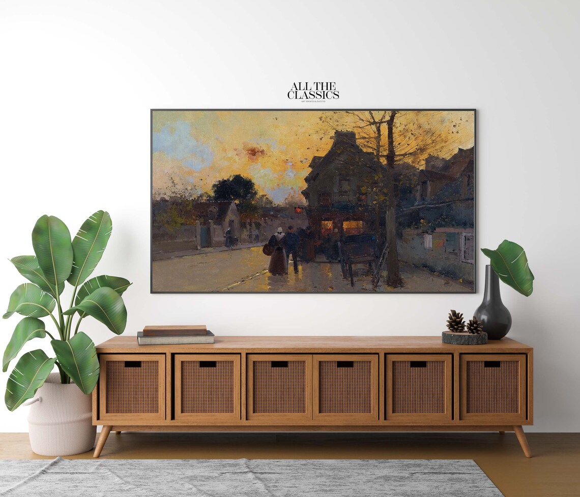 Golden Hour Autumn Village Street Evening Stroll Vintage Wall Art - Image 2