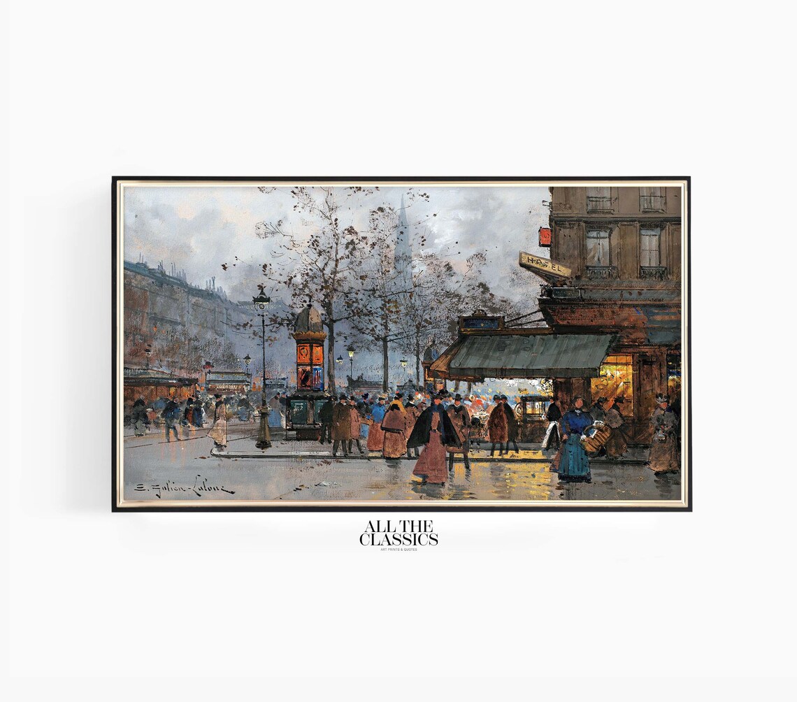 Rainy Paris Street Scene With Umbrella Crowds Vintage City Poster