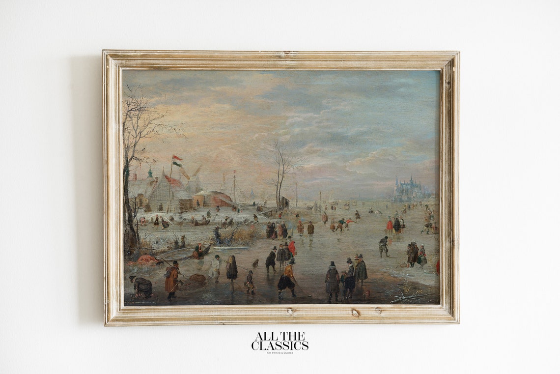 Winter Village Ice Skating Frozen Lake Vintage Rural Scene Poster