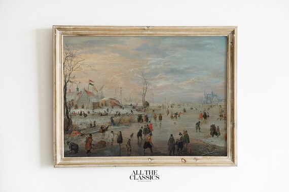 Winter Village Ice Skating Frozen Lake Vintage Rural Scene Poster