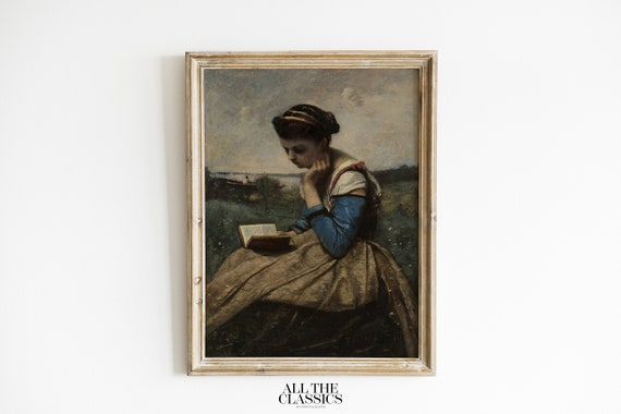 Vintage Art Print Wall Art Rustic Victorian Moody Female Portrait A Woman Reading Jean Baptiste Camille Corot