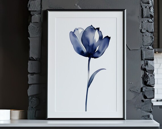 Blue Tulip Watercolor Single Stem Flower Minimalist Botanical Art Poster