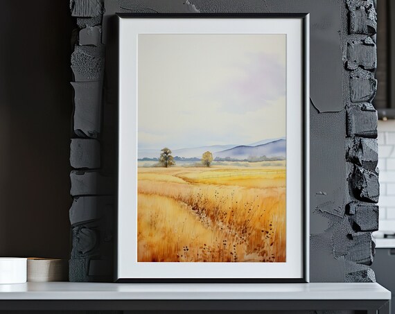 Golden Wheat Field Meadow Rolling Hills Watercolor Landscape Poster