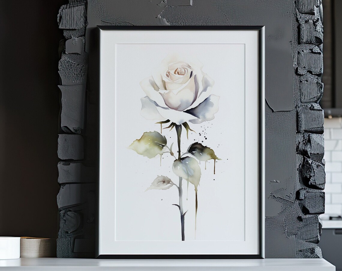 White Rose Ink Drip Artistic Watercolor Modern Botanical Art Poster