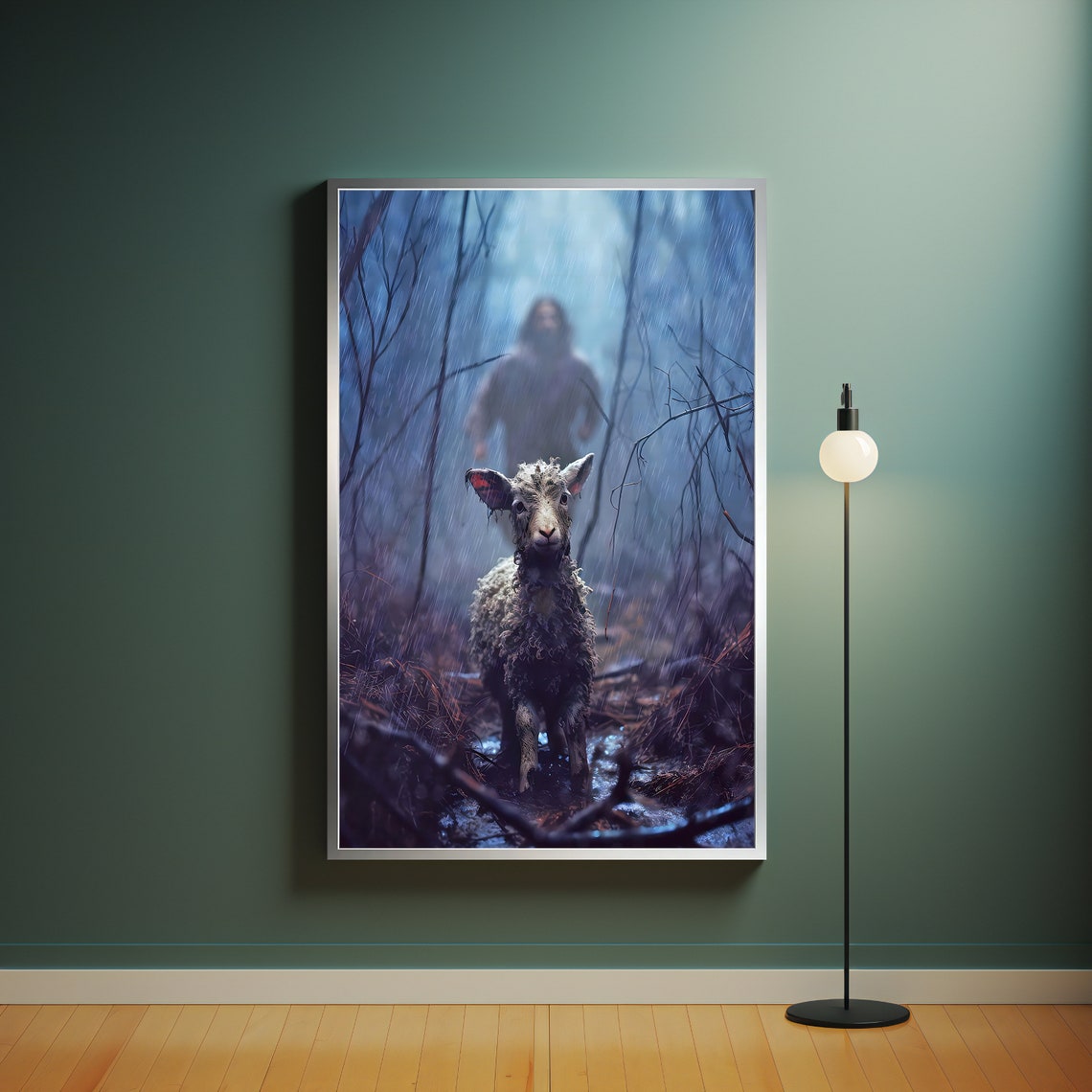 Lost Lamb In Rainy Forest Shepherd Searching Christian Art Poster - Image 4