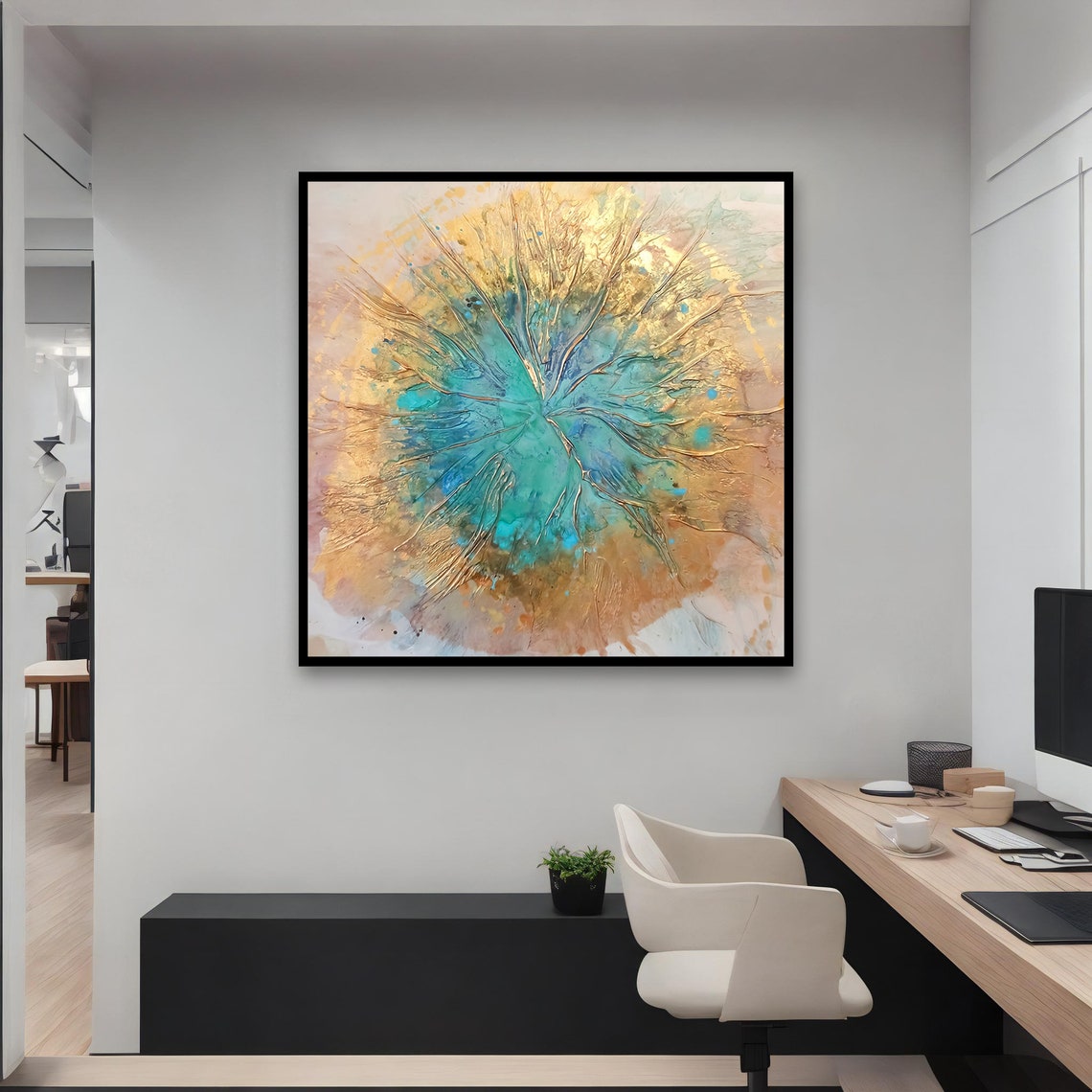 Radiant Gold Turquoise Burst Textured Abstract Dynamic Art Print - Image 3