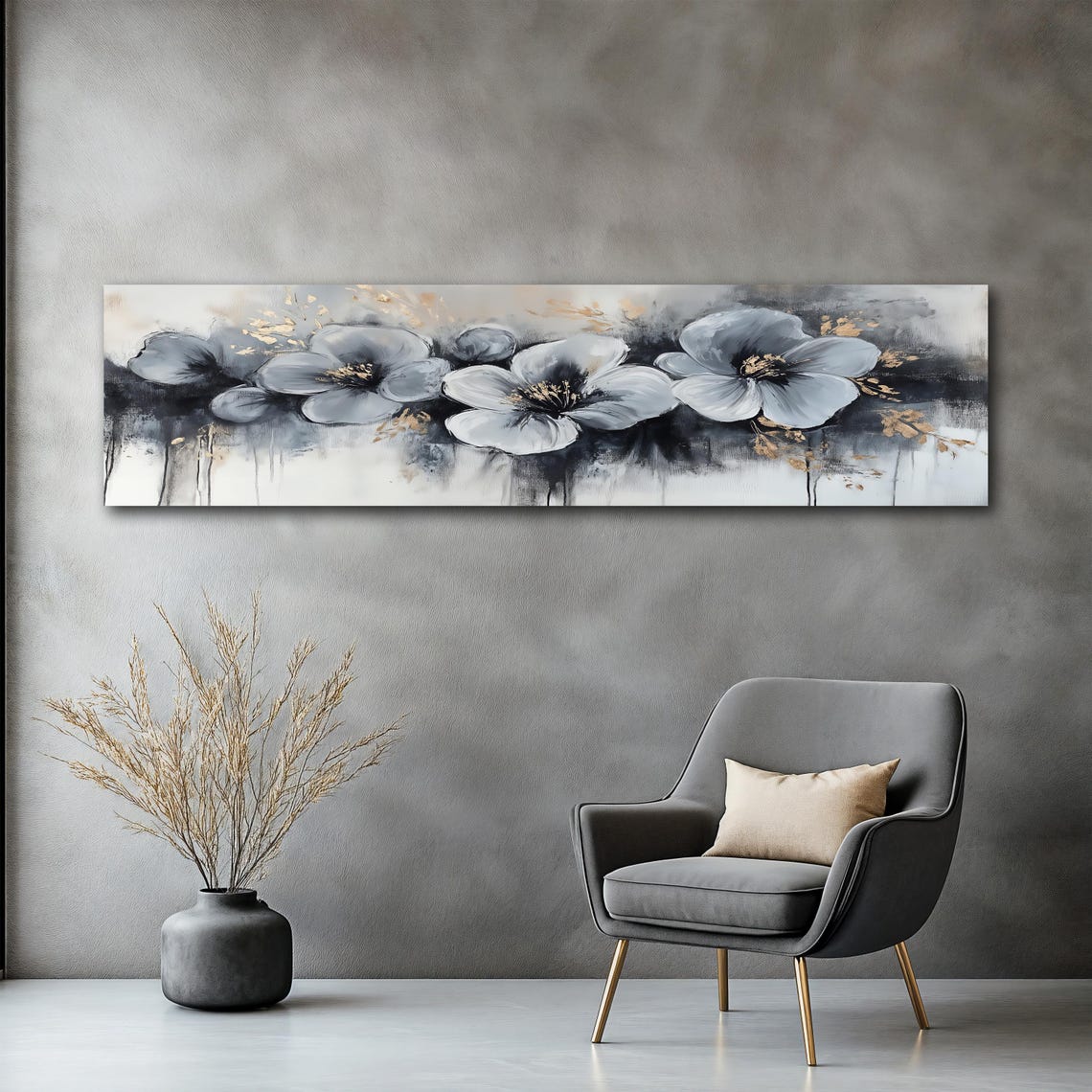 Gray Floral Abstract Blooms Gold Accents Panoramic Wall Art Poster - Image 2