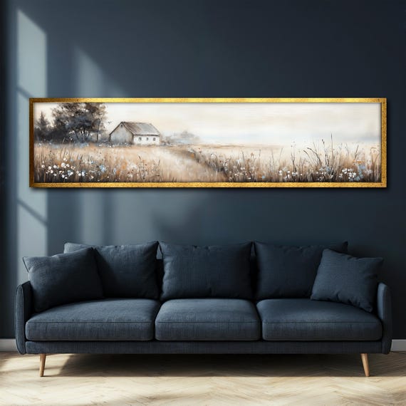 Rustic Farmhouse Painting Hallway Wall Art Panoramic Countryside Painting Neutral Tones Home Decor Gift For Art Lovers